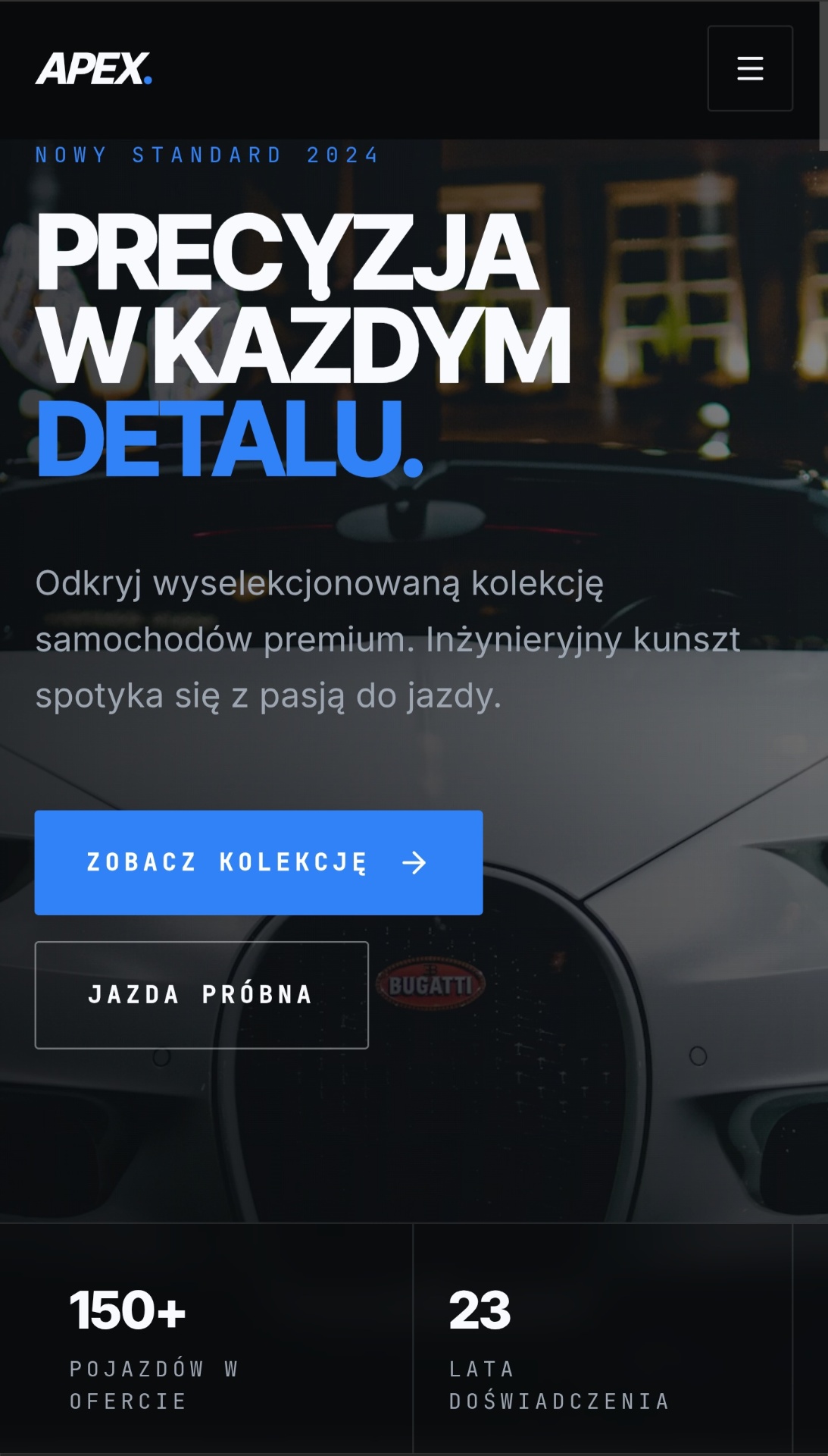 Strona Apex Motors, projekt koncepcyjny Noviq Studio dla branży: salon samochodowy